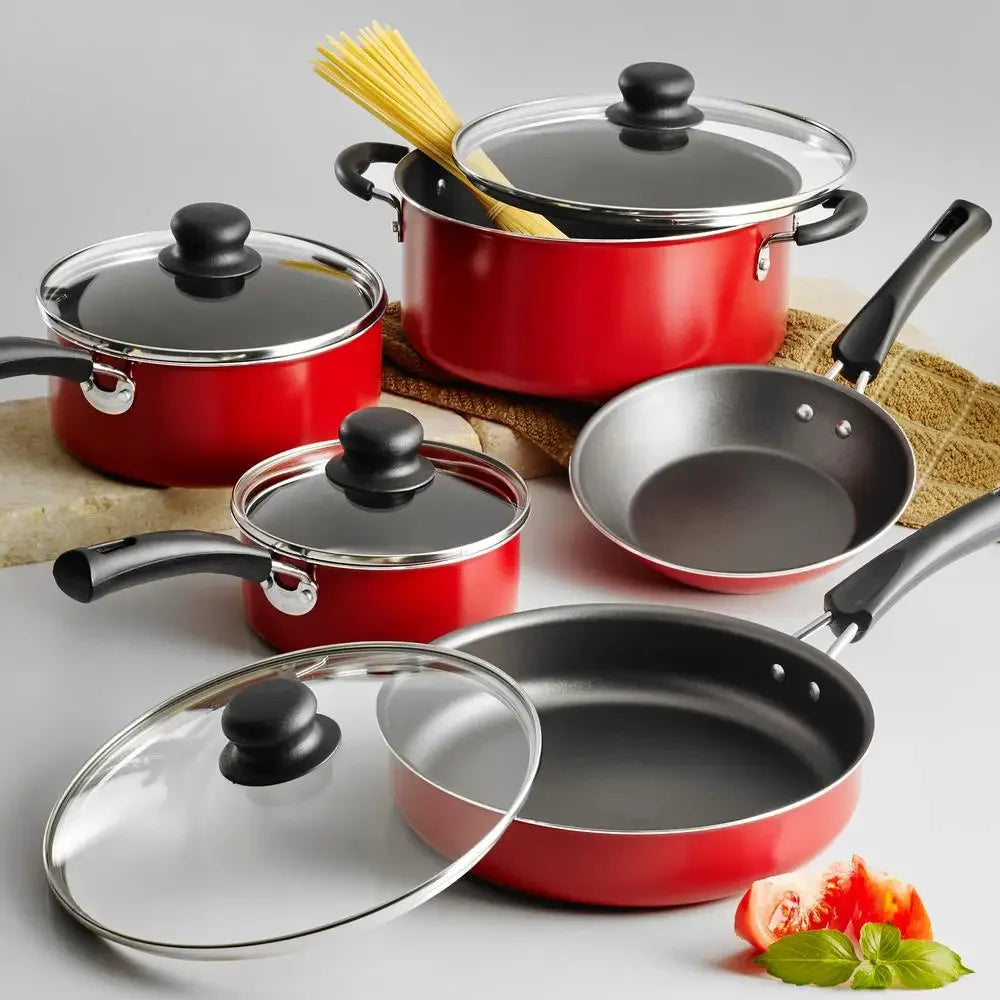 Red 9 Piece Nonstick Cookware Set With Tempered Glass Lids