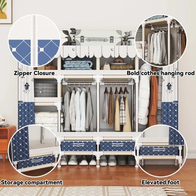 Portable Wardrobe clothes Closet Hanging Organization Metal Frame 5 Storage Compartments 3 Hanging Rods 4 Drawers shoe rack