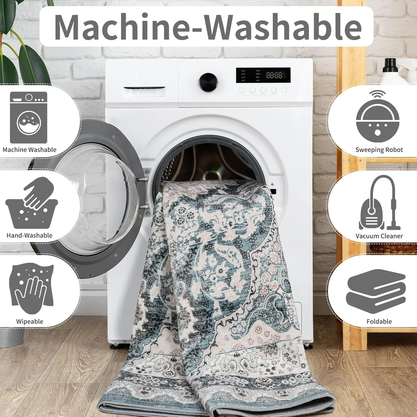 Machine Washable Vintage Area Rug Non Slip Low Pile Backing
