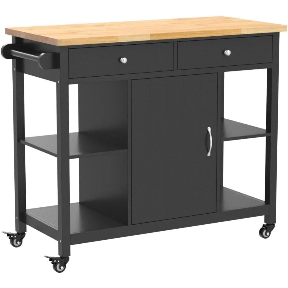 HOME. - Kitchen Islands on Wheels with Wood Top, Utility Wood Movable Kitchen Cart with Storage and Drawers, Black