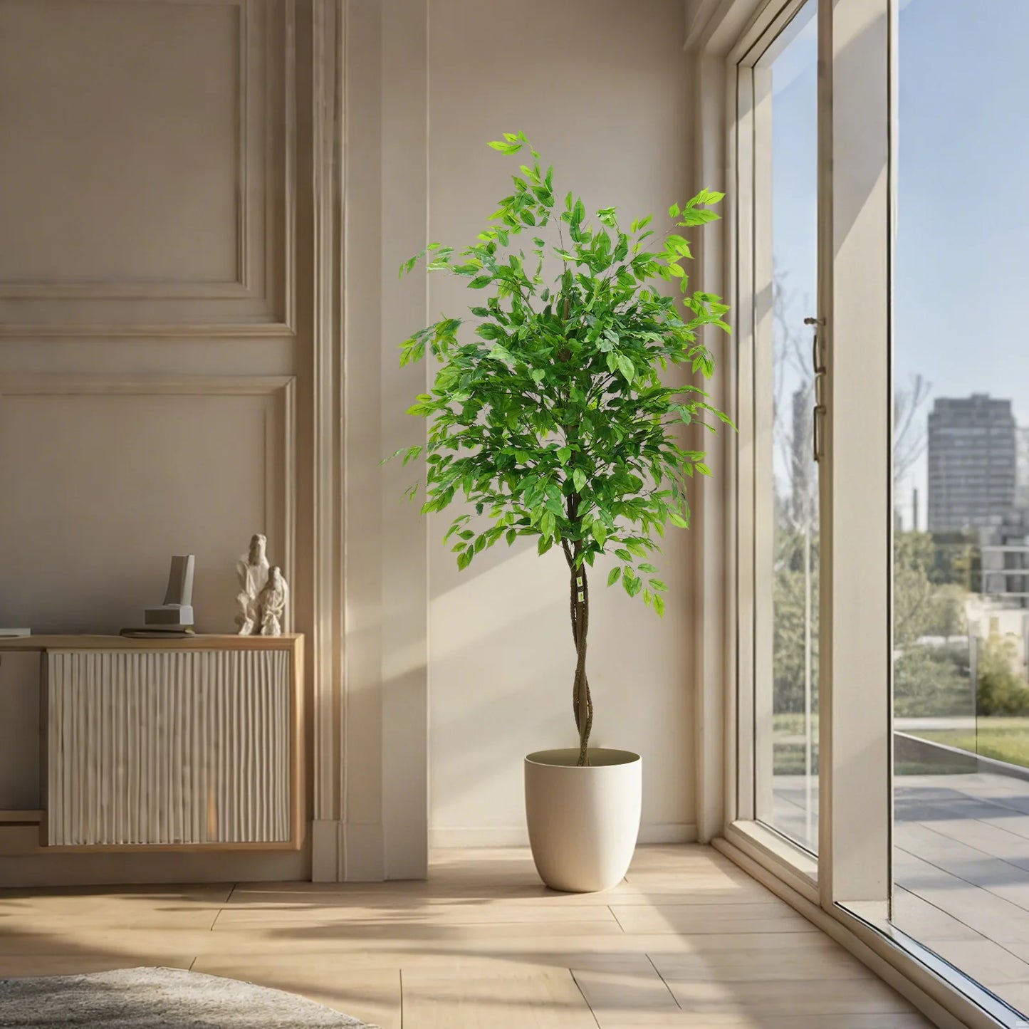 Tall Artificial Ficus Tree In Planter Realistic Potted Ficus