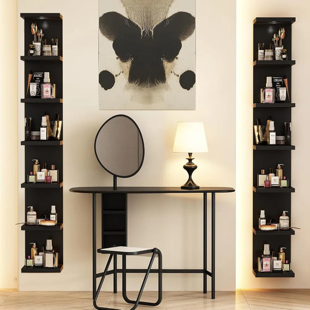 7 Tier Black Lacquer Wall Shelf Unit With LED Remote Light
