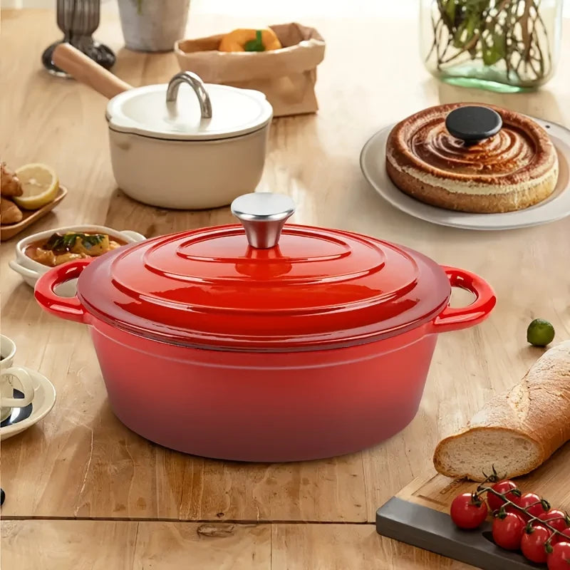 Red Enamel Oval Dutch Cast Iron Roasting Pan With Lid