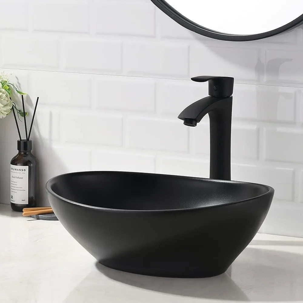 Matte Black Vessel Sink With Faucet Drain Ceramic Porcelain