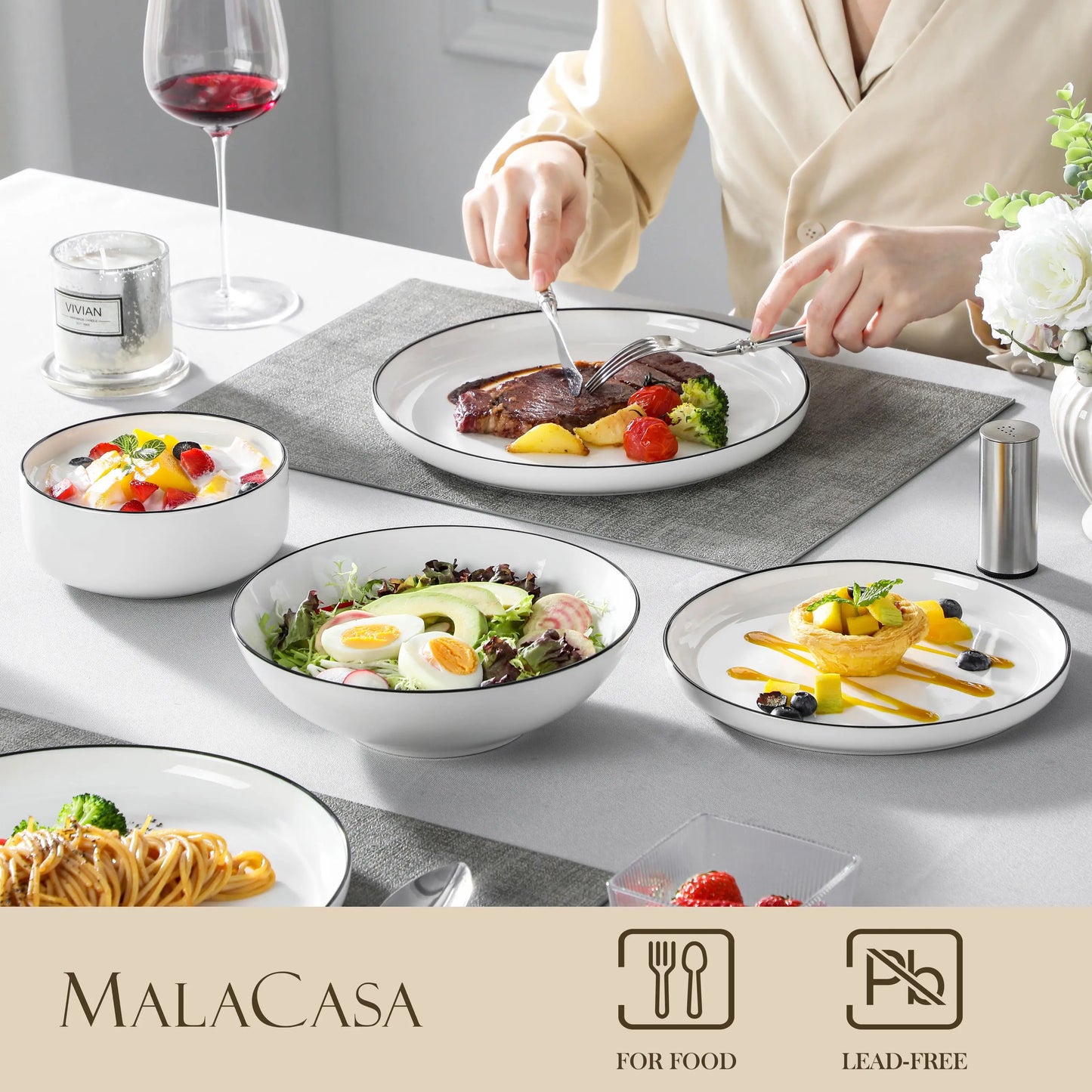 Malacasa Black Rim Ceramic Dinnerware Set 24 Or 48 Piece