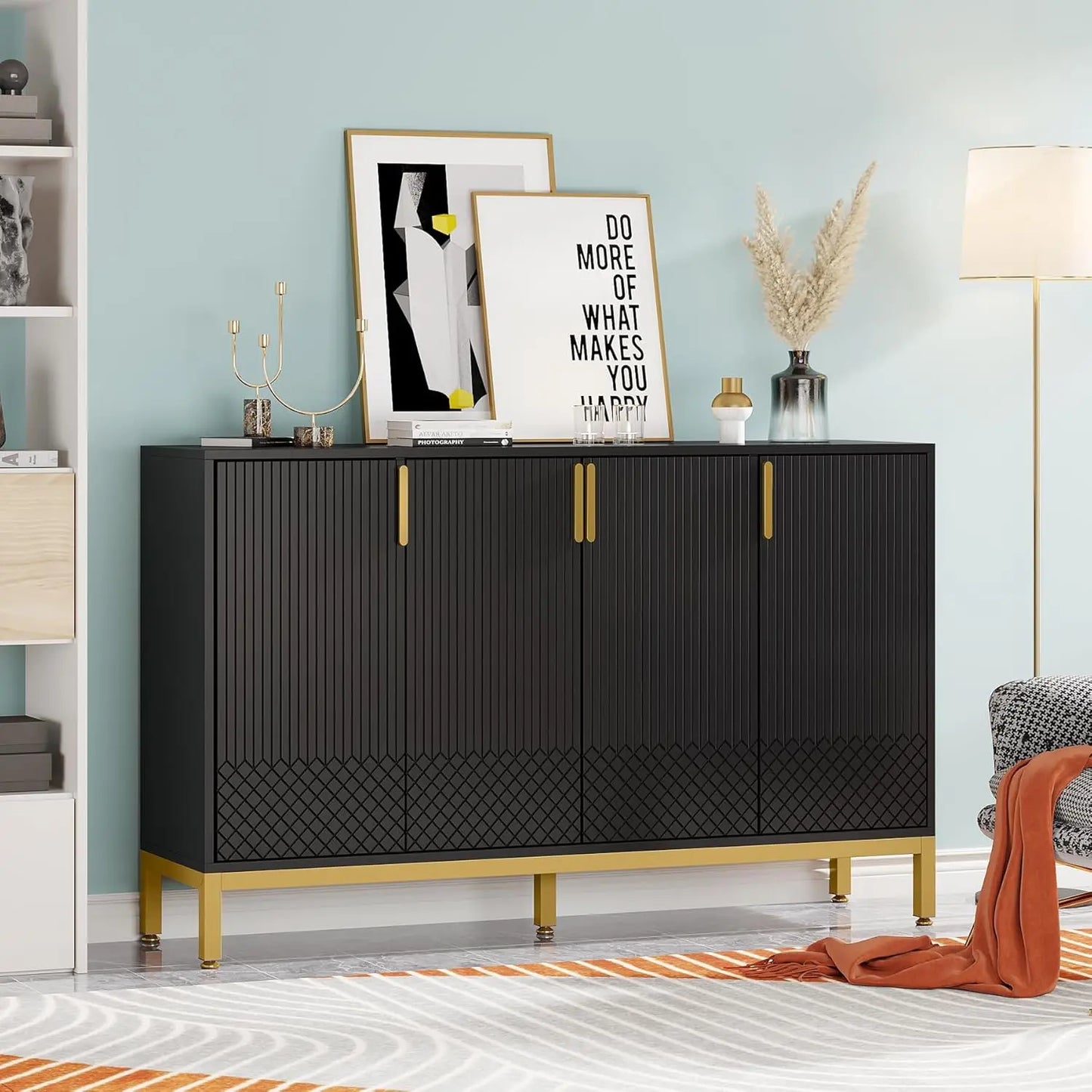 Modern 59 Inch Console Buffet Cabinet With Gold Metal Base