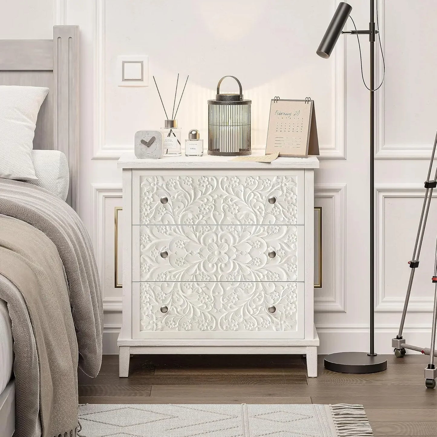 Three Drawer Farmhouse Flower Motif Dresser White Washed