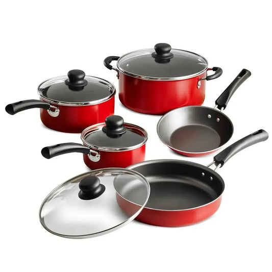 Red 9 Piece Nonstick Cookware Set With Tempered Glass Lids
