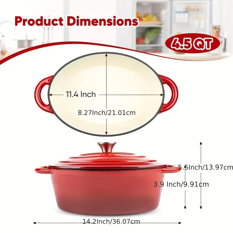 Red Enamel Oval Dutch Cast Iron Roasting Pan With Lid