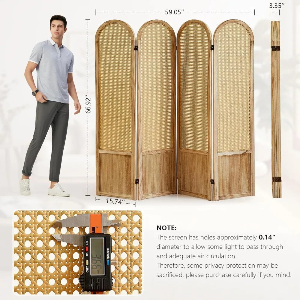 4 Panel Rattan Room Divider Folding Privacy Screen Wood
