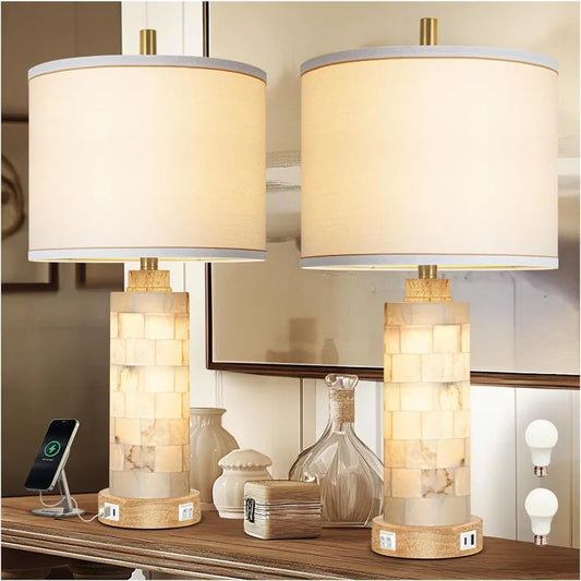 Natural Alabaster and Wood Table Lamps Set of 2 With USB