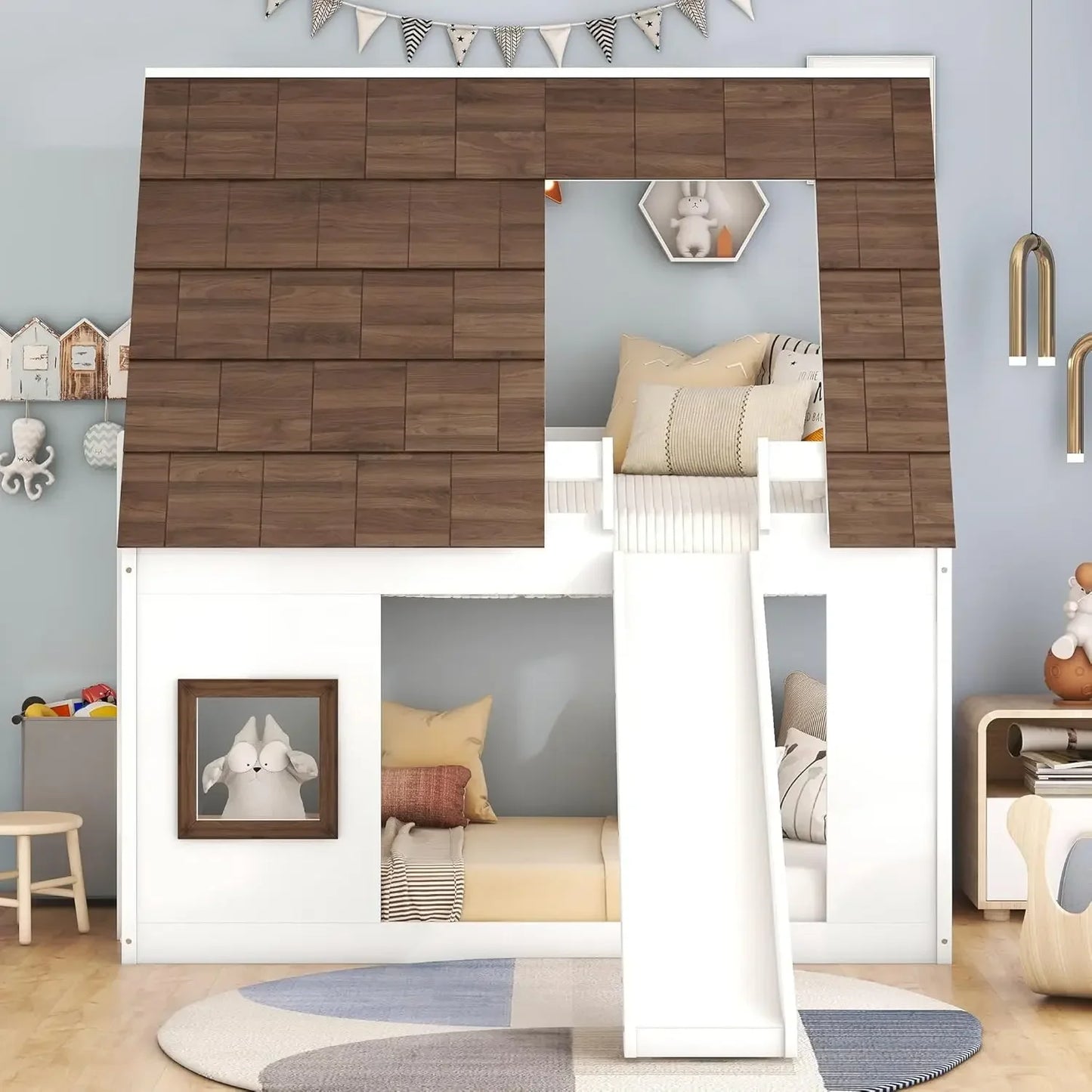 Twin Over Twin Bunk Bed With Roof Slide White Brown