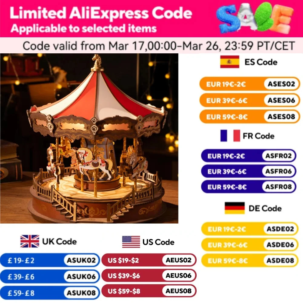 Robotime 3D HandcraftedWooden Carousel Puzzle Music Box LED MulticolorLEDIllumination