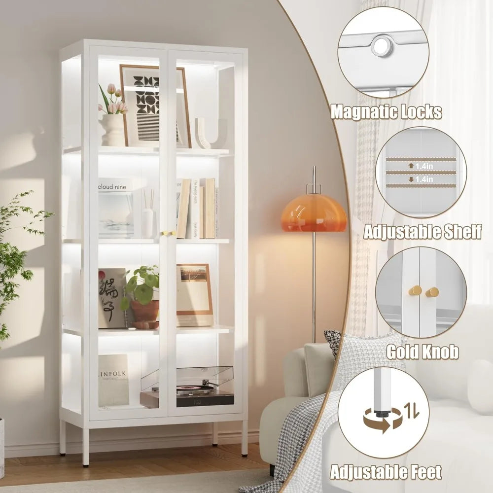 Glass Display Cabinet With Led Lights White Curio 66