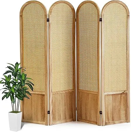 4 Panel Rattan Room Divider Folding Privacy Screen Wood