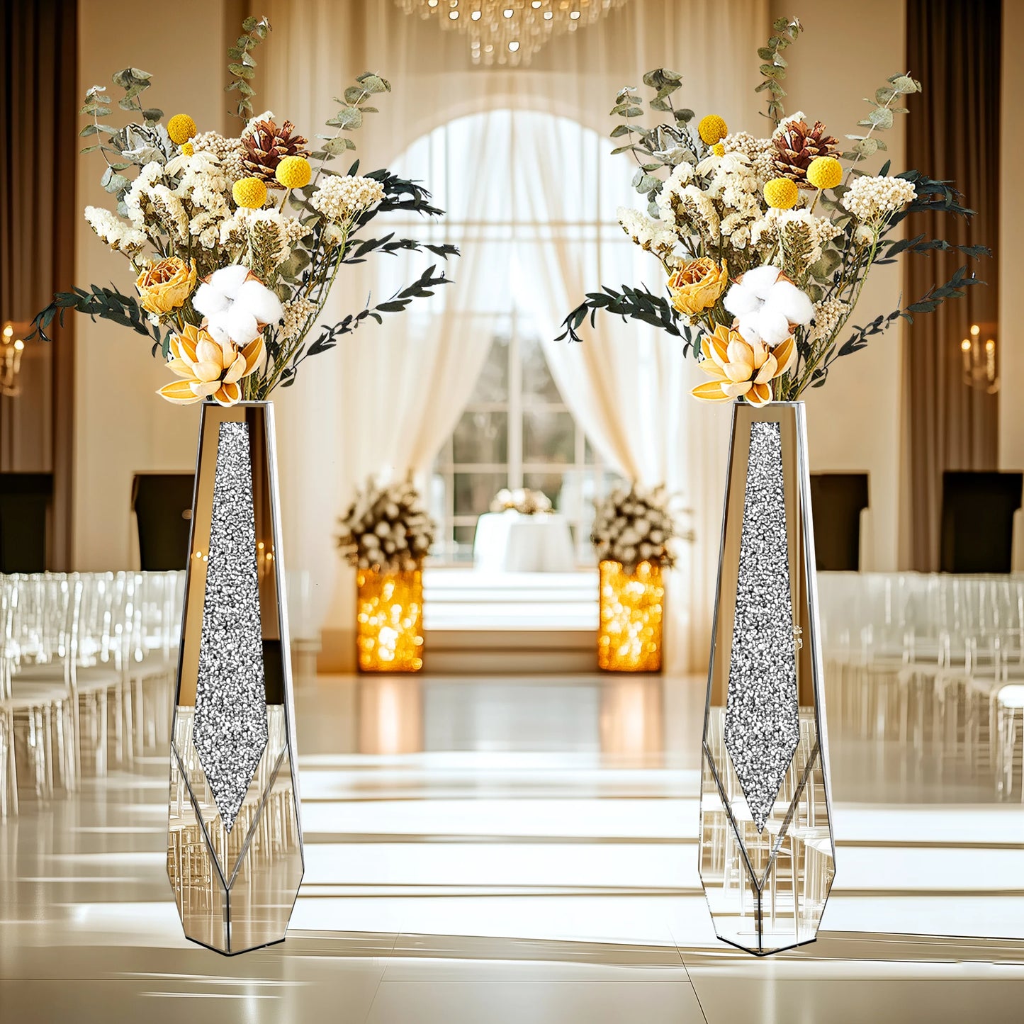 Tall Floor Vase With Crushed Diamond Mirror Centerpiece