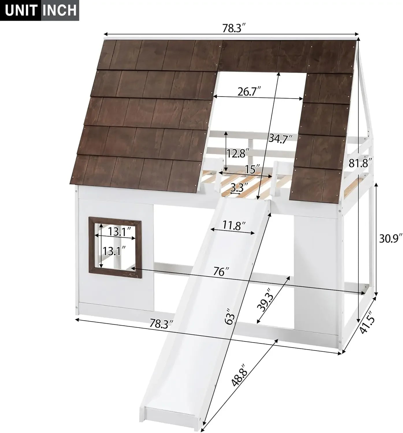 Twin Over Twin Bunk Bed With Roof Slide White Brown
