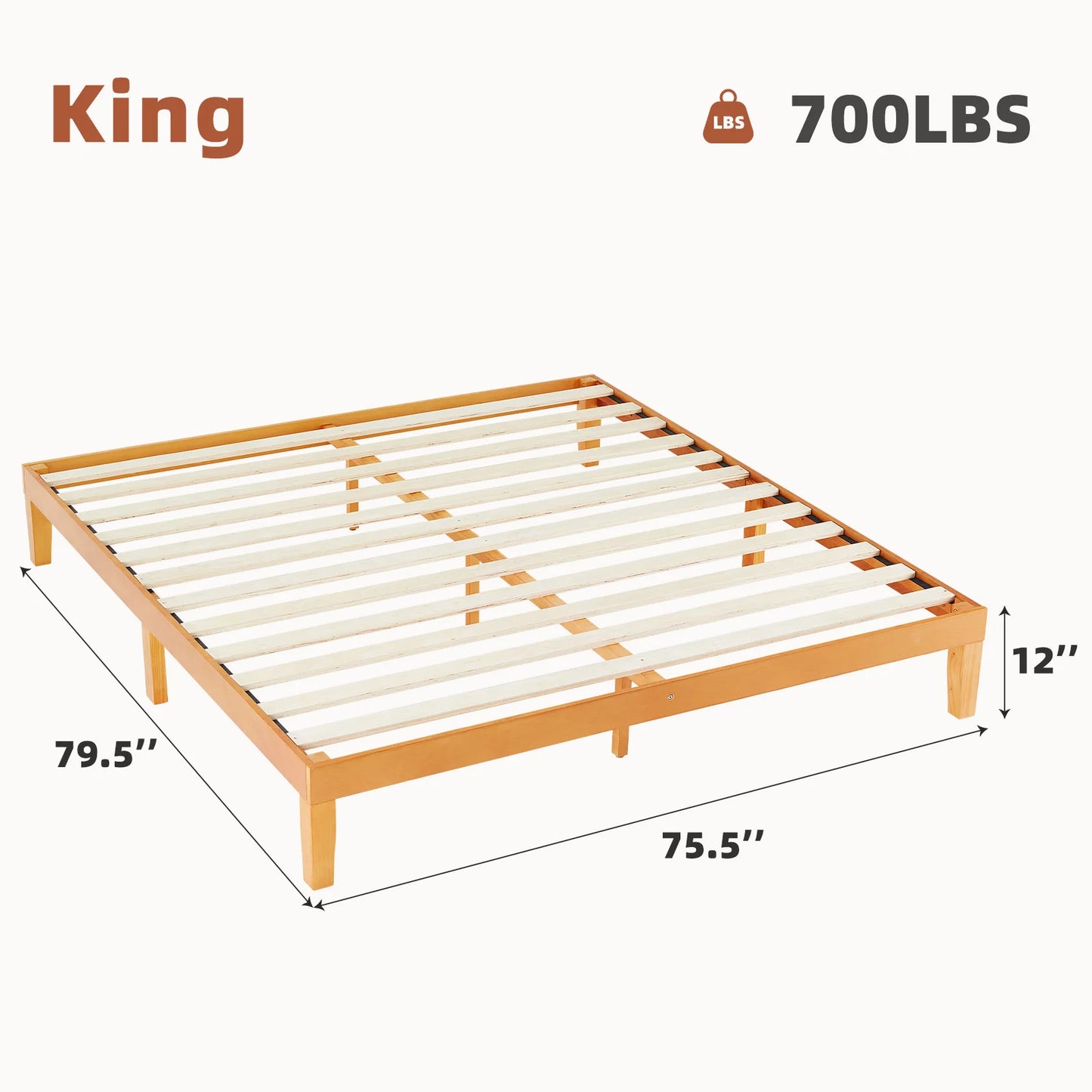 JHK Queen Solid Wood Bed Frame With Sturdy Slat Support