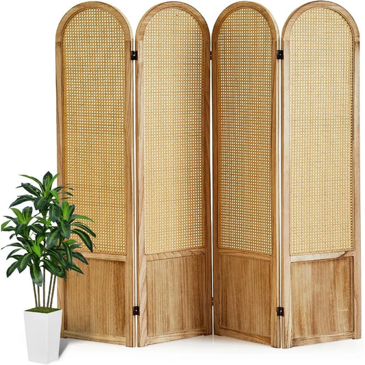 4 Panel Rattan Room Divider Folding Privacy Screen Wood
