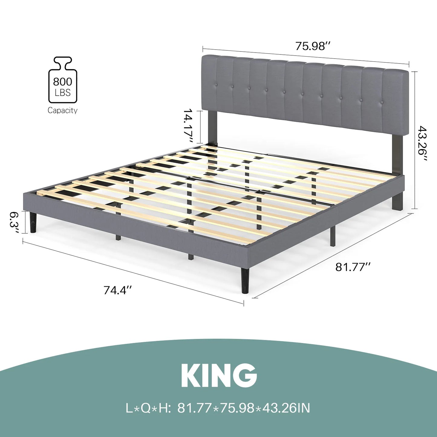 JHK King Solid Wood Bed Frame Upholstered Headboard Slats