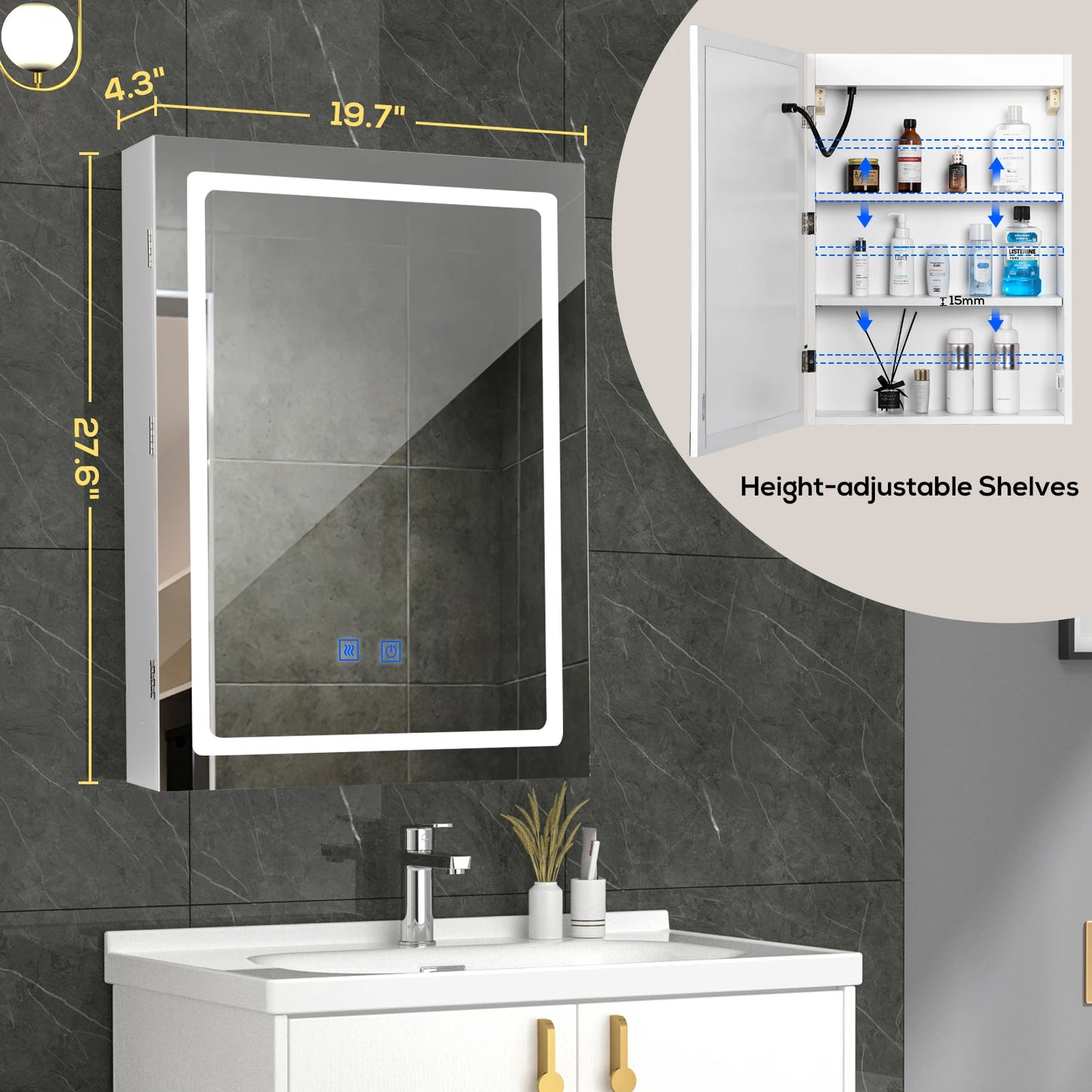 VOWNER LED Bathroom Cabinet With Defogger And Dimmer