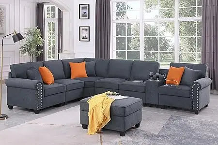 127" L-Shaped Sectional Couch with Movable Ottoman & 6 Throw Pillows,7 Seat Chenille Upholstered Sofa W/2 Cup Holder,USB Port &