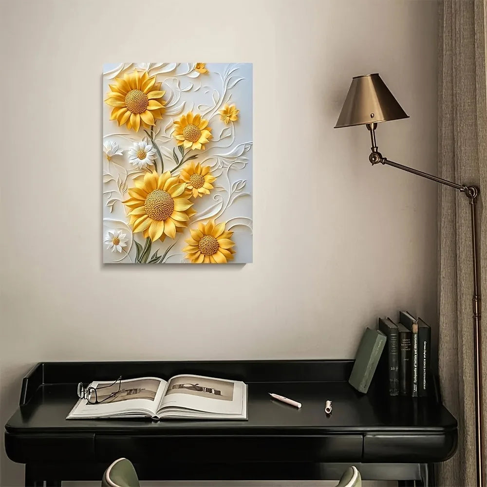 3D Relief Sunflower Canvas Art With Wood Frame Wall Decor