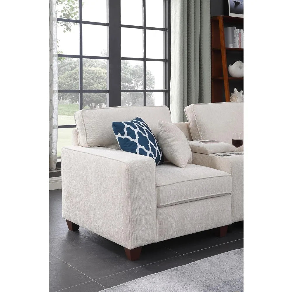 127" L-Shaped Sectional Couch with Movable Ottoman & 6 Throw Pillows,7 Seat Chenille Upholstered Sofa W/2 Cup Holder,USB Port &