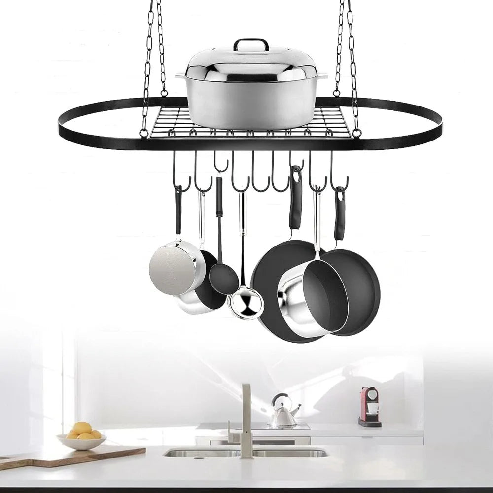 Pot Pan Rack With Shelf And 9 Hooks Wall Ceiling Mount