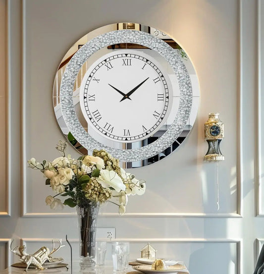 Silver Round Mirror Clock Bling Glam Wall Decor Sparkle 80cm