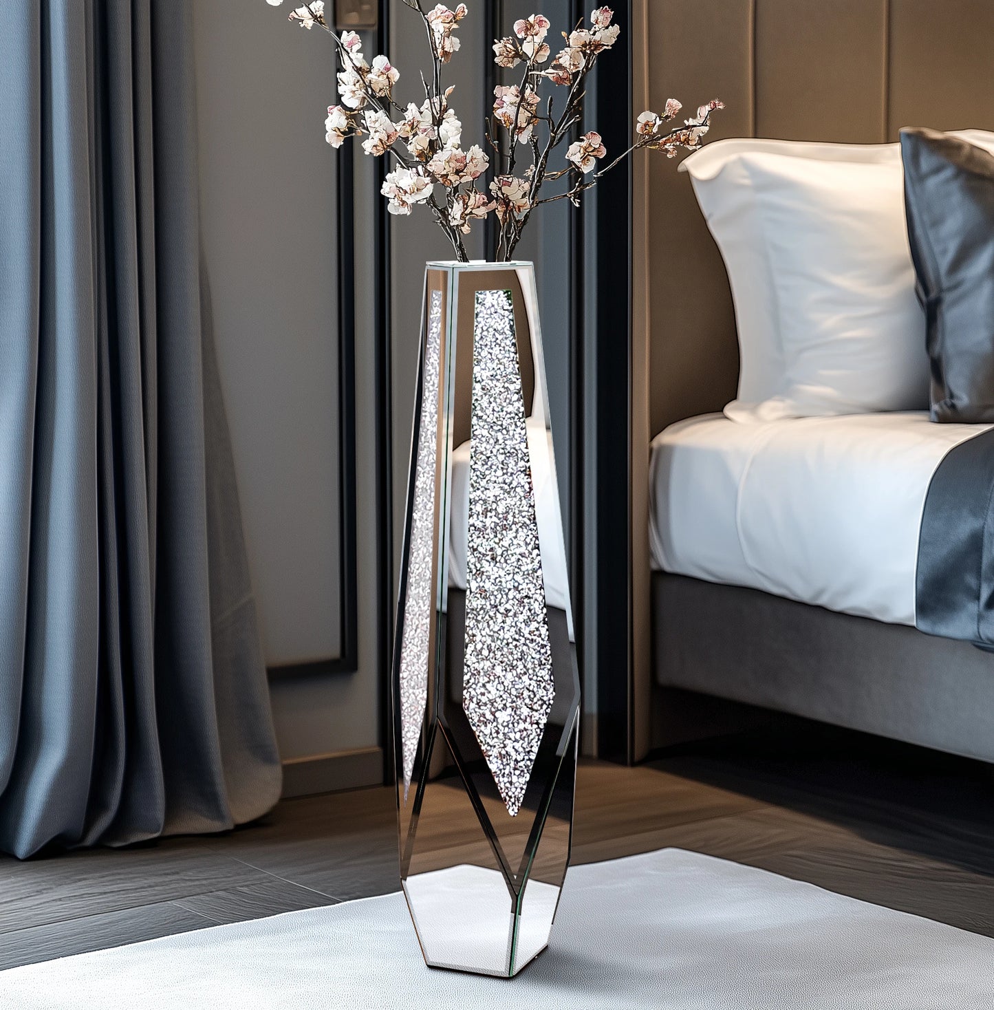Tall Floor Vase With Crushed Diamond Mirror Centerpiece