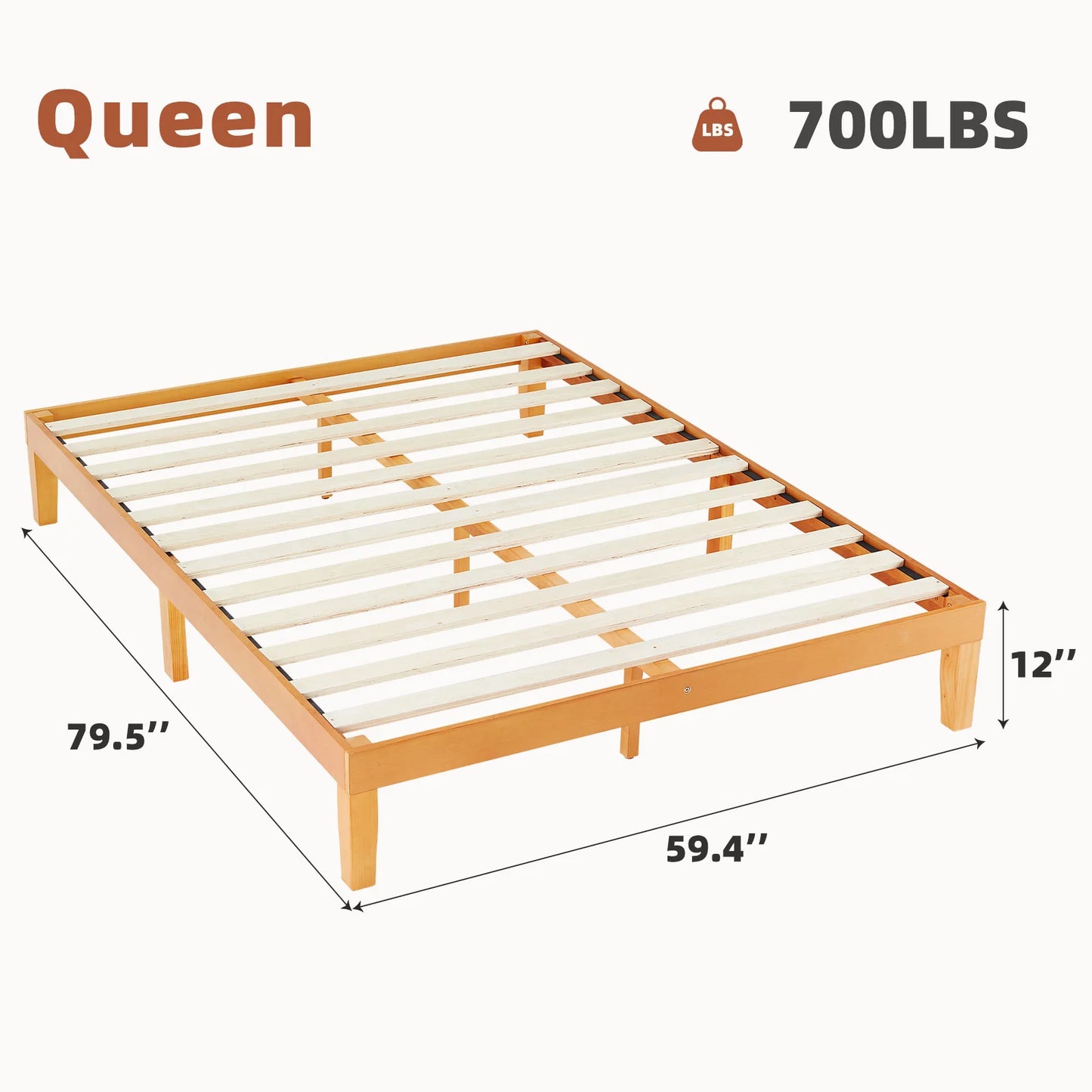 JHK Queen Solid Wood Bed Frame With Sturdy Slat Support