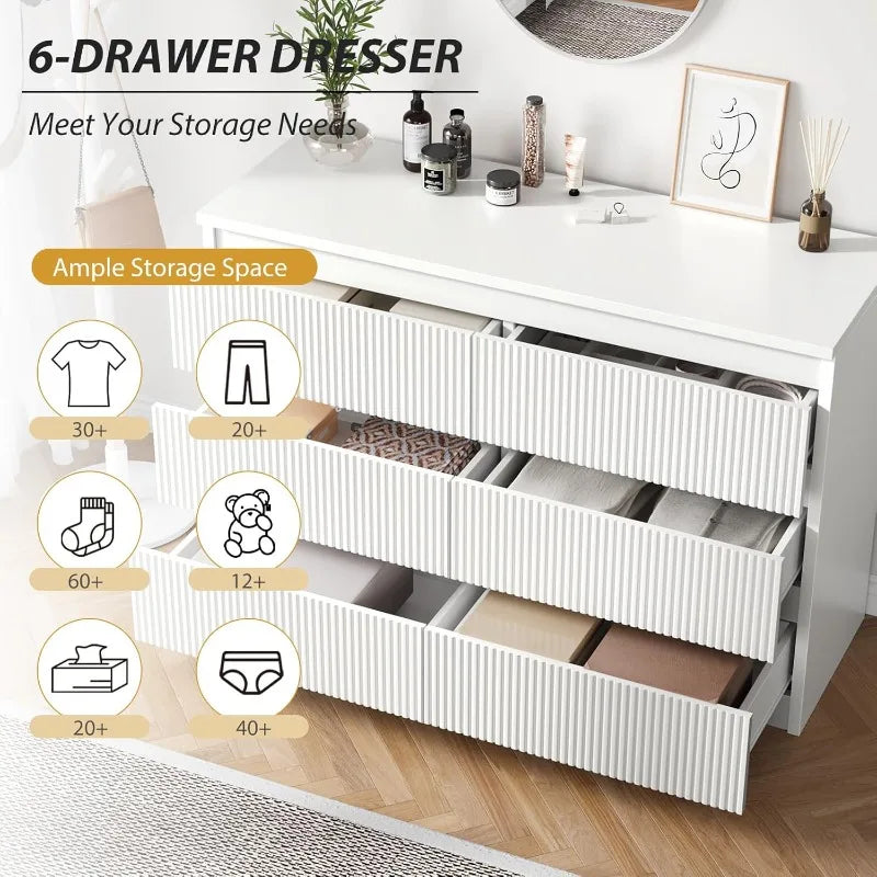 White Six Drawer Dresser Modern Fluted Deep Drawers