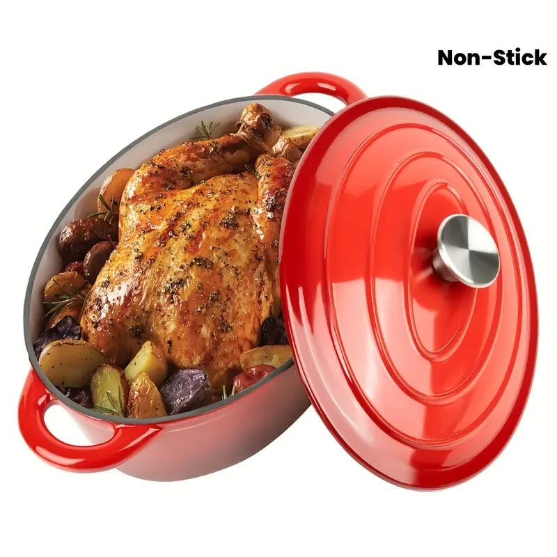 Red Enamel Oval Dutch Cast Iron Roasting Pan With Lid