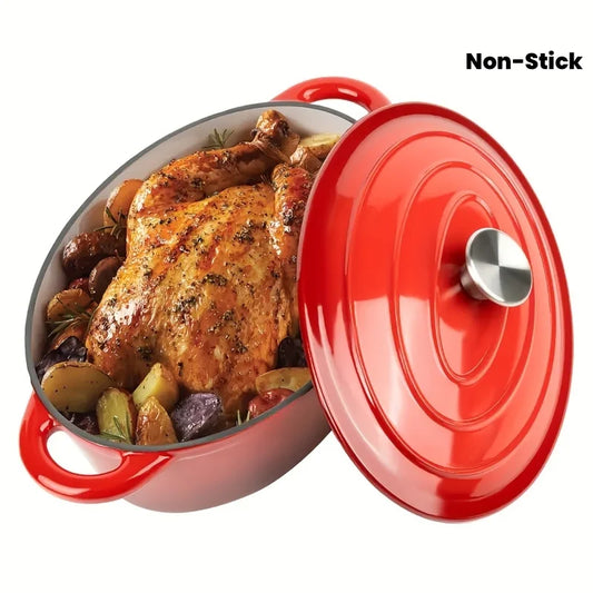 Red Enamel Oval Dutch Cast Iron Roasting Pan With Lid