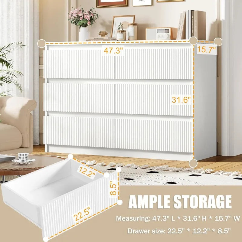 White Six Drawer Dresser Modern Fluted Deep Drawers