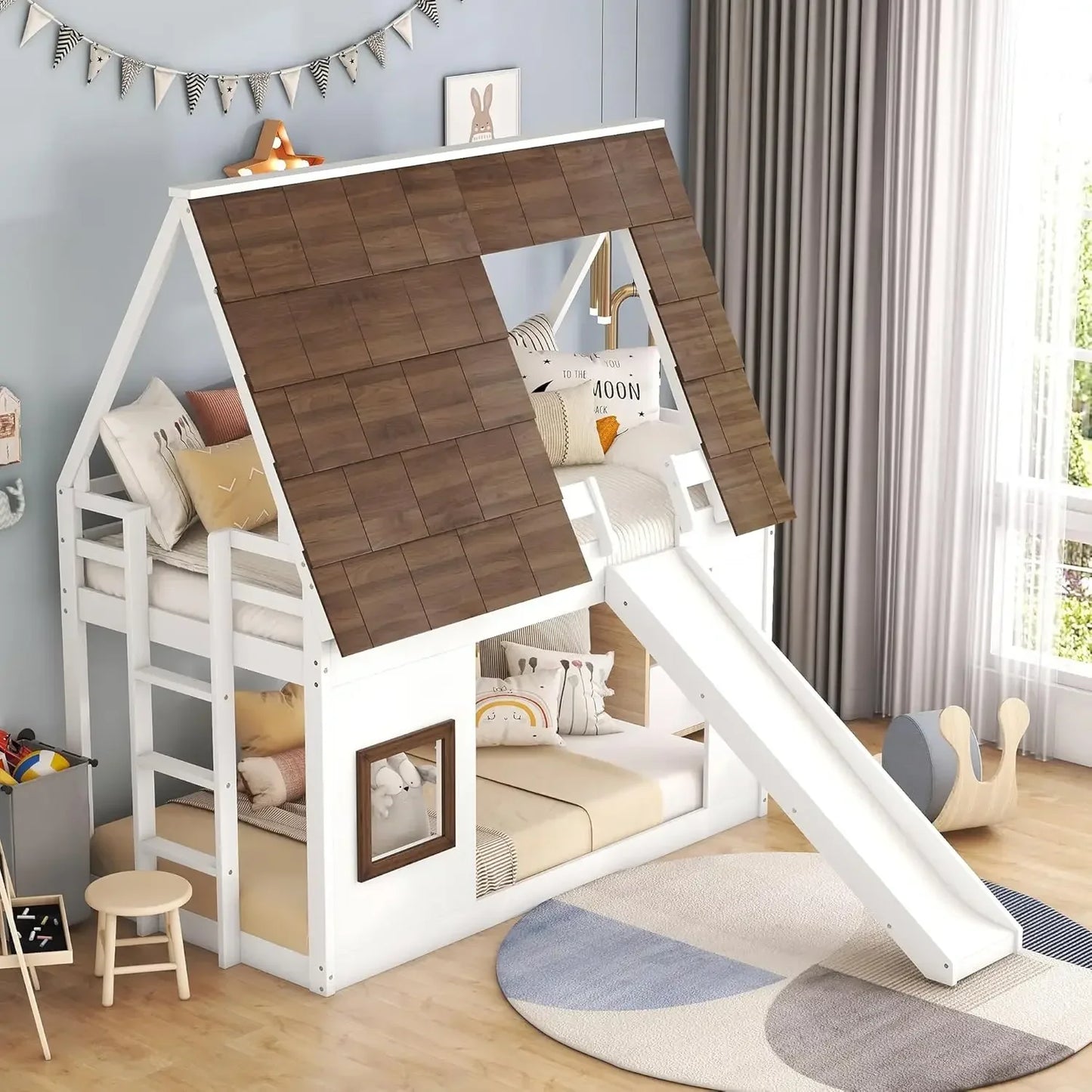 Twin Over Twin Bunk Bed With Roof Slide White Brown