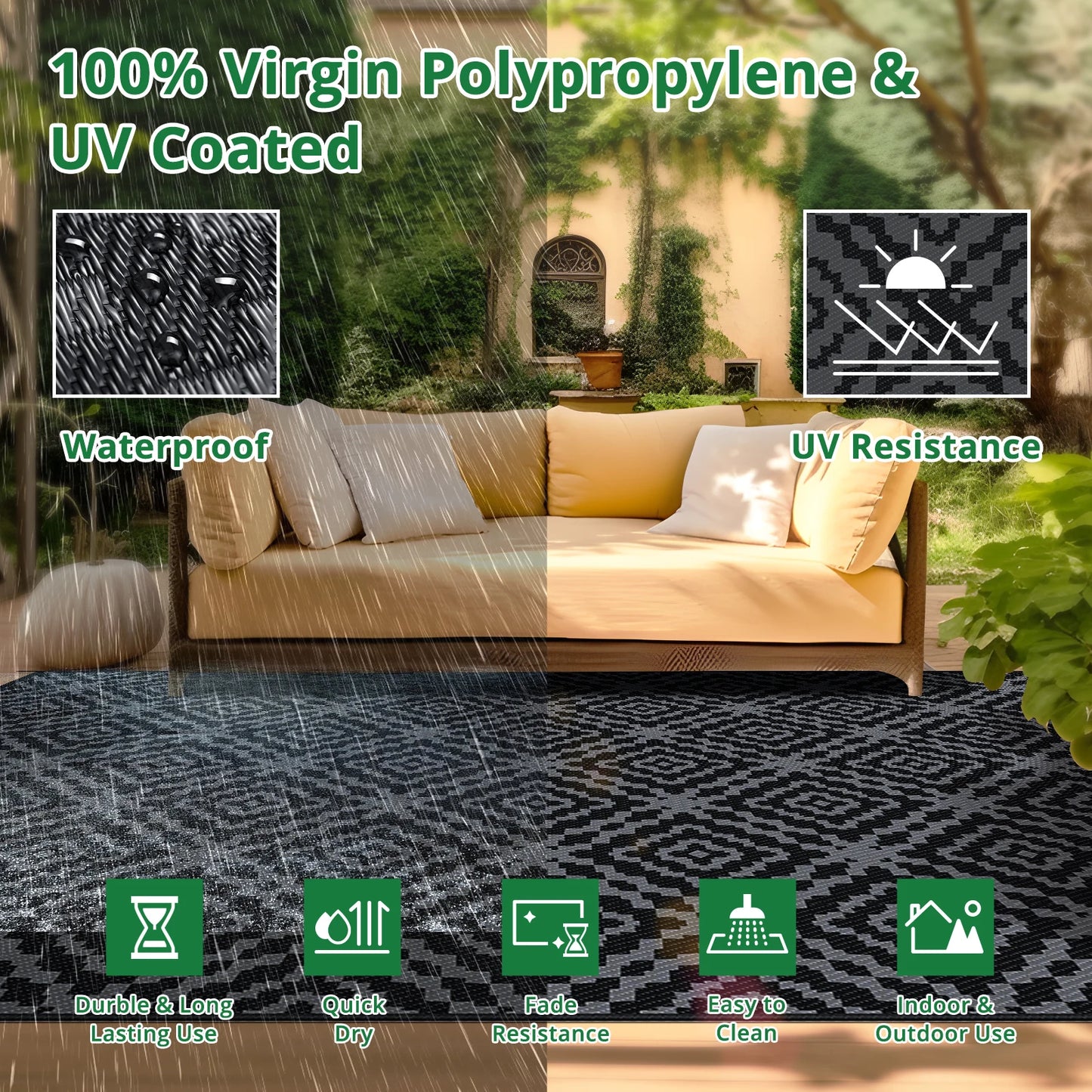 Waterproof Outdoor Camping Rug 6x9FT Reversible PVC Mat