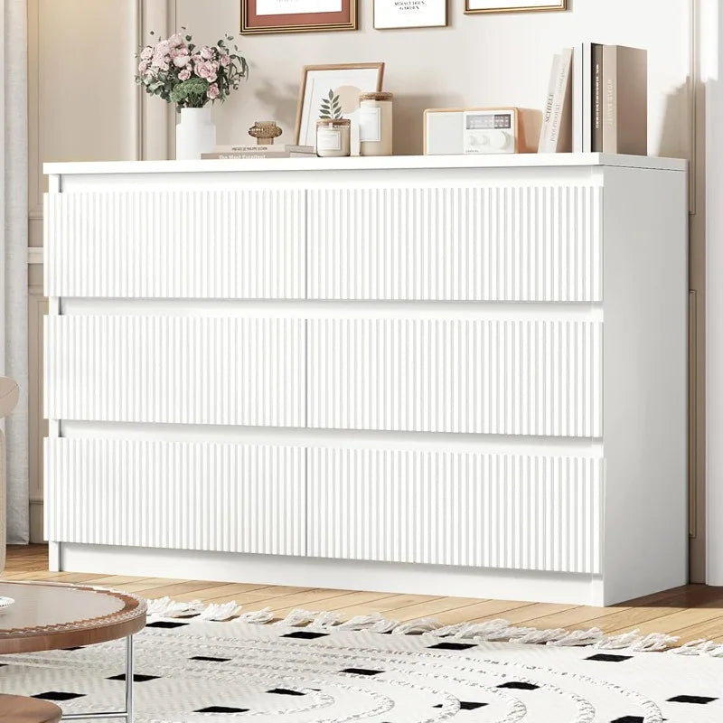 White Six Drawer Dresser Modern Fluted Deep Drawers