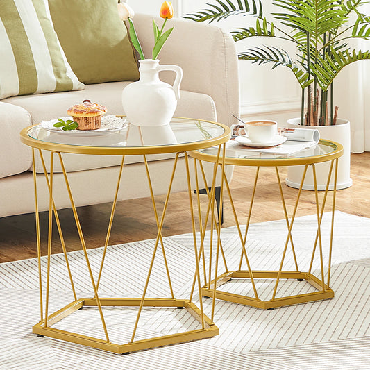 Hoobro Gold Frame Round Glass Top Coffee Tables Set Of 2