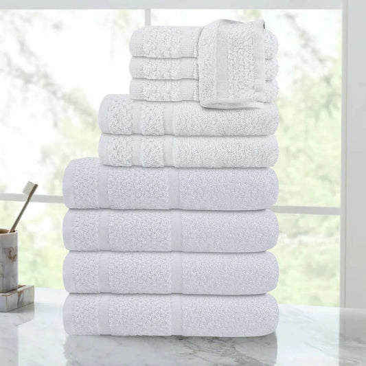 10 Piece Cotton Towel Set Quick Dry Towels Popcorn Border