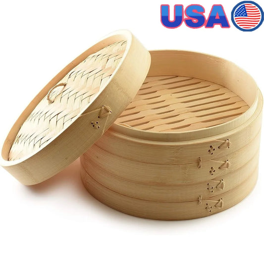 Bamboo Steamer Twin Tier Stackable Premium Kitchen Cookware Vegetables Dumplings