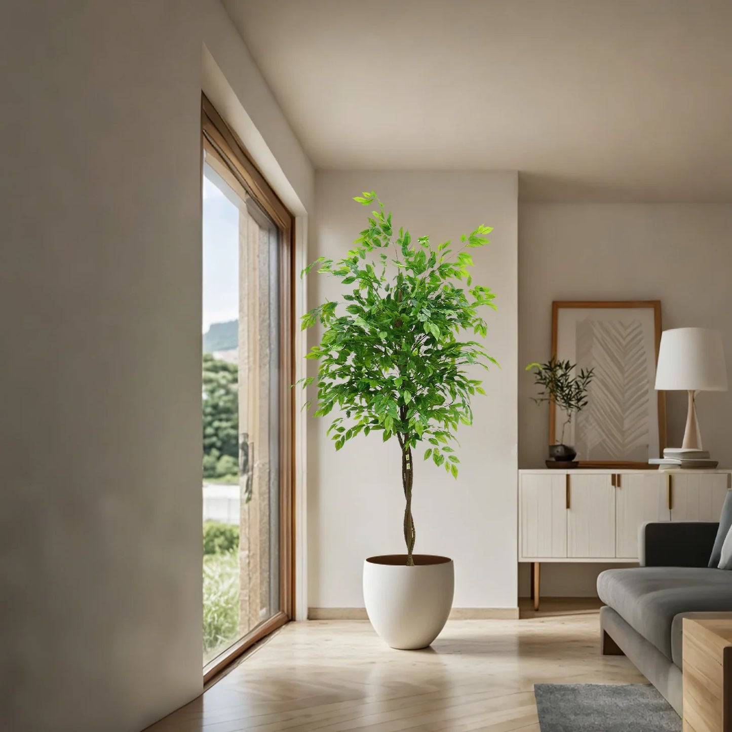 Tall Artificial Ficus Tree In Planter Realistic Potted Ficus