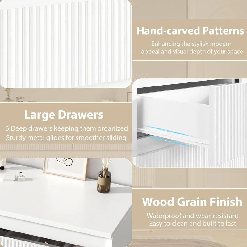 White Six Drawer Dresser Modern Fluted Deep Drawers