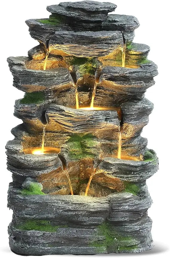 7 Tier Cascading Rock Waterfall Fountain With LED Lights