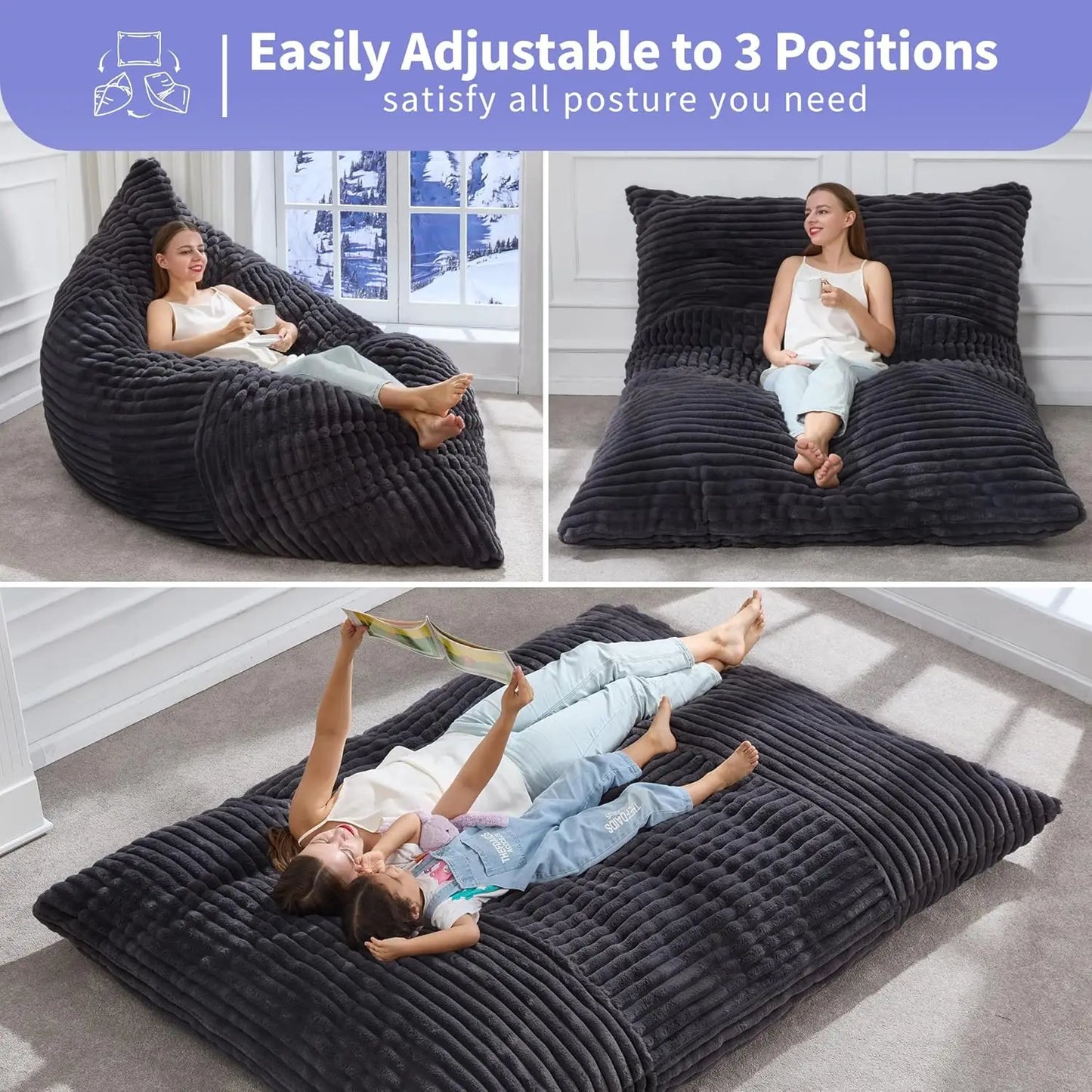 Giant 3 In 1 Bean Bag Chair With Convertible Cover Plus