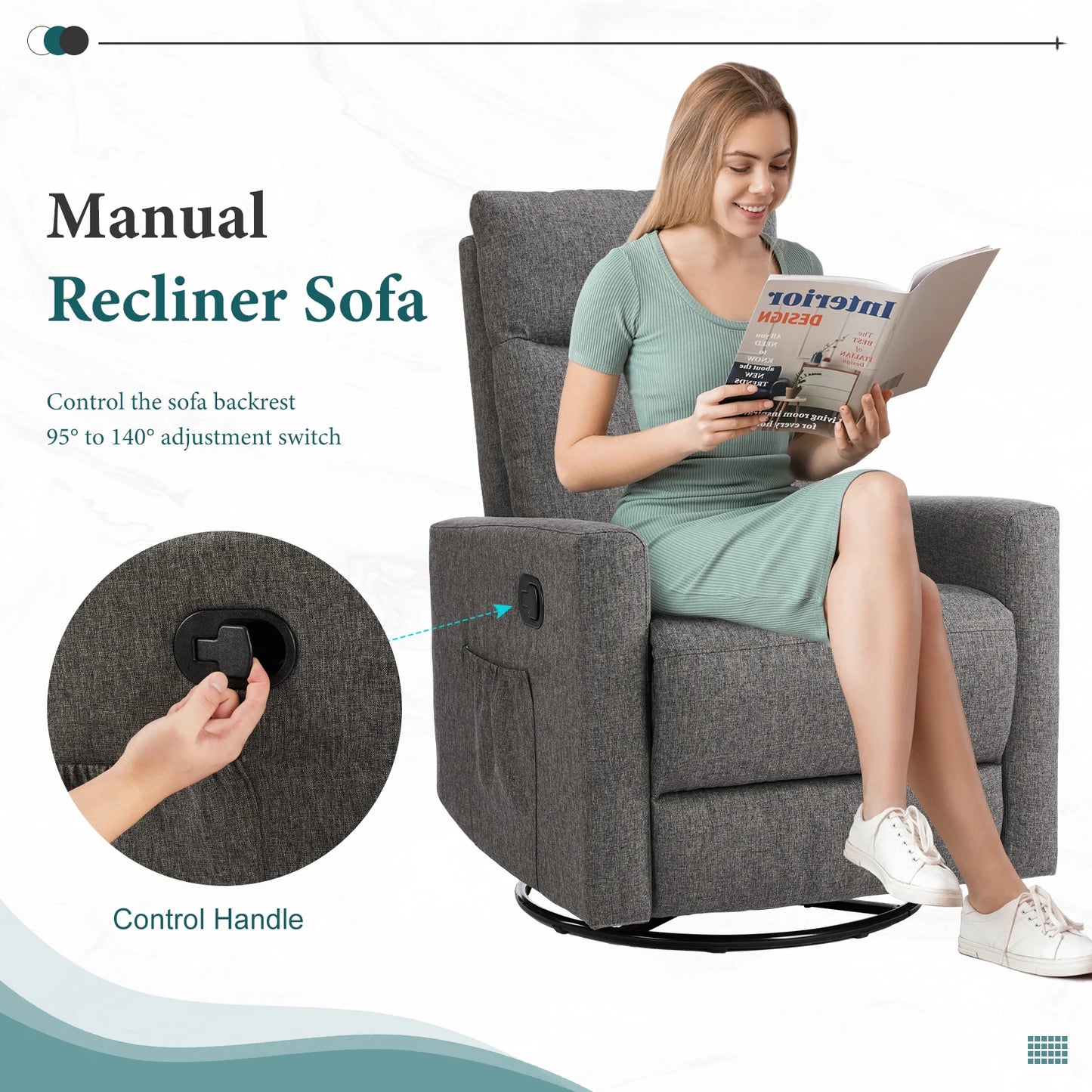 JHK Swivel Rocking Recliner Sofa With Extra Large Footrest