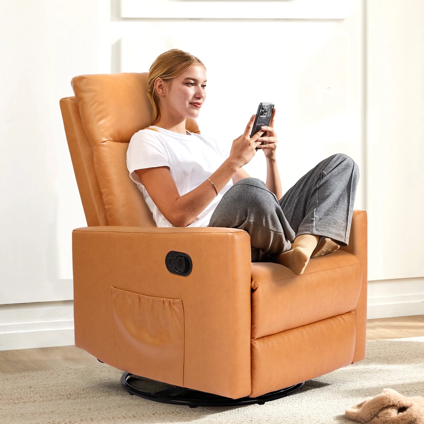 JHK Swivel Rocking Recliner Sofa With Extra Large Footrest