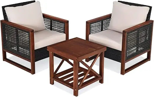 Beige Outdoor 3 Piece Wicker Patio Set With Coffee Table