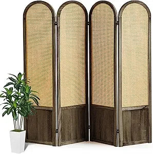 4 Panel Rattan Room Divider Folding Privacy Screen Wood